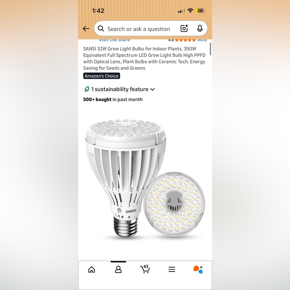 Plant Grow Light - Sansi White LED Grow Light Bulb 350W equivalent